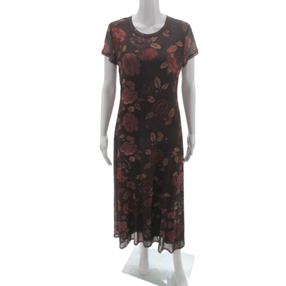 Rachel Zoe Womens Maxi Dress Brown Floral Short Sleeve Mid Calf Size M